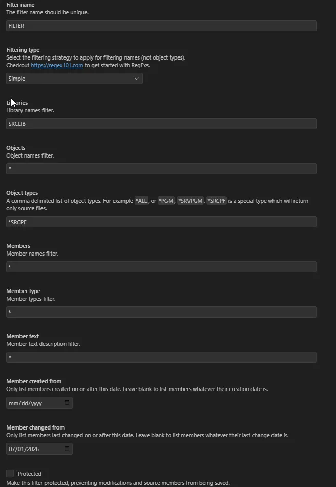 New Filter dialog
