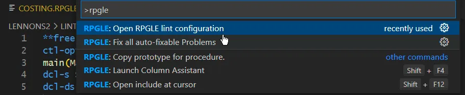 Open Lint Configuration command