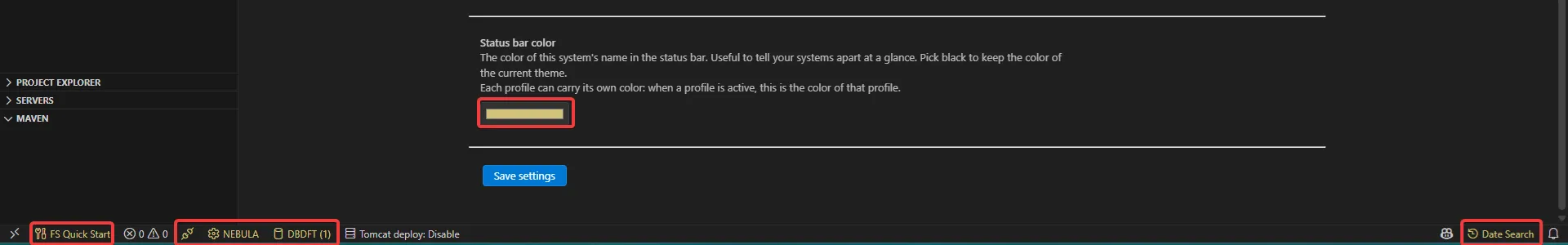 The color picked in the connection settings is applied to the FS Quick Start, Disconnect, connection, SQL job and Date Search status bar items